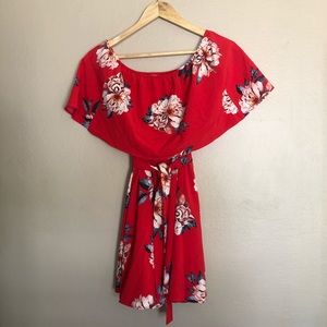 Off the shoulder floral dress.